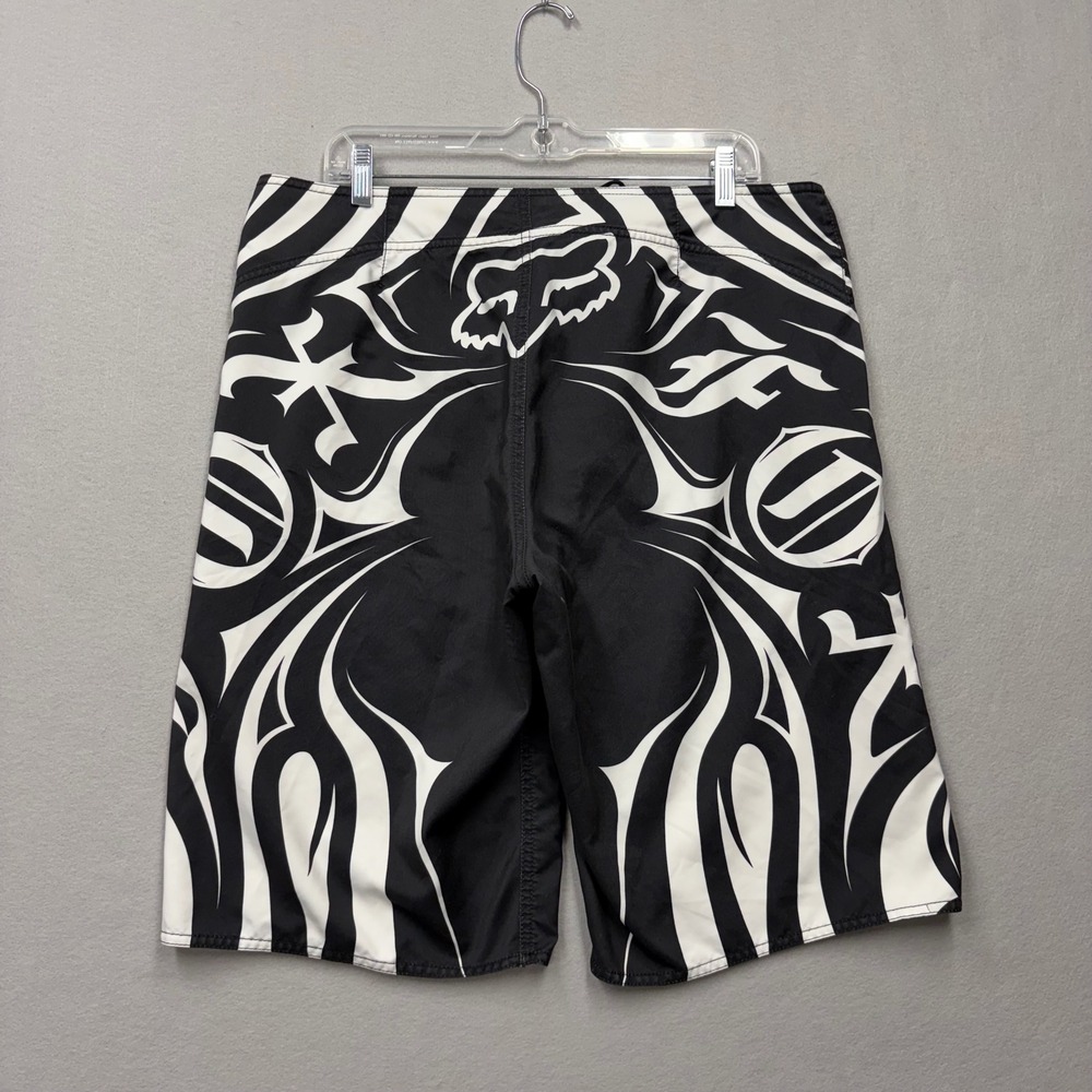 Fox Racing Board Shorts Mens 36 Black White Tribal Y2K Rare Graphic Swim Trunks